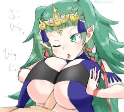 1boy 1girls alternate_breast_size big_breasts braid breast_press breast_squeeze breasts cleavage female female_focus fire_emblem fire_emblem:_three_houses green_eyes green_hair huge_breasts large_breasts long_hair male nintendo open_mouth paizuri paizuri_lead_by_female paizuri_on_lap pointy_ears solo_focus sothis_(fire_emblem) suiko_asrain tongue tongue_out twintails underboob very_long_hair