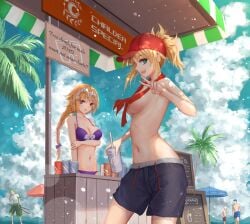 2girls beach bottomwear cap casual clothing fate_(series) female jeanne_d'arc_(fate) male male_swimwear_challenge mordred_(fate) one_piece pale_skin public roronoa_zoro swimwear topless towel_around_neck yuzuriha