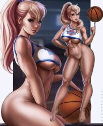 1girls abs basketball blonde_female blonde_hair blue_eyes bottomless dandon_fuga feet female female_only full-length full-length_portrait full_length full_length_portait highres human human_only humanized lola_bunny looking_at_viewer looney_tunes smile solo space_jam toes toned underboob warner_brothers