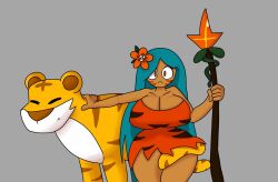 1girls big_breasts blue_hair breasts cleavage clothed clothing cookie_run dezmine21 dress eyelashes facepaint female female_focus flower flower_in_hair hair holding_object holding_weapon long_hair nipple_bulge orange_eyes short_dress spear standing tagme tan_body tan_skin thick_thighs tiger tiger_lily_cookie tiger_print voluptuous