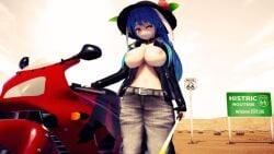 1girls 3d arizona blue_hair breasts breasts_exposed breasts_out cowboy_shot curvaceous curvy day desert exposed_breasts facing_viewer female female_only hat long_hair looking_at_viewer medium_breasts meme mmd motorcycle no_bra open_shirt outdoors pants peach_(fruit) red_eyes road_sign route_66 sky solo solo_female spelling_error sword tenshi_hinanawi touhou typo vovun winking_at_viewer