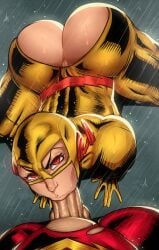 1boy 1girls all_fours armwear ass ass_up barry_allen big_ass big_penis blowjob bubble_ass bubble_butt dc dc_comics detnox eye_contact fat_ass favorite fellatio highres huge_ass lips looking_at_viewer looking_up oral penis red_eyes reverse_flash rule_63 skin_tight the_flash the_flash_(series) thick_lips thick_thighs torn_clothes