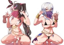 2girls absurdres ahoge arabian_clothes armlet ass_visible_through_thighs bangs bar_censor belly_chain bikini black_bikini black_bow black_hair blush bow bracer breasts censored cowgirl_position dancer disembodied_penis fellatio fellatio_under_mask fellatio_under_veil gem gold grey_hair hair_bobbles hair_ornament hairbow hairclip hakase_fuyuki handjob harem_outfit highres jewelry large_breasts licking licking_penis long_hair looking_at_viewer low_twintails mask medium_breasts micro_bikini mouth_veil multicolored_hair multiple_girls navel necklace nijisanji open_mouth oral penis pussy_juice red_eyes red_hair see-through simple_background skindentation smile split-color_hair spread_legs squatting straddling straight streaked_hair string_bikini swimsuit thighs tongue tongue_out twintails two-tone_hair v veil velceed very_long_hair virtual_youtuber white_background white_bikini white_hair yorumi_rena