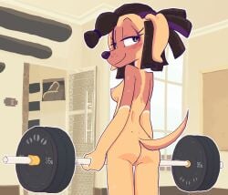 2022 anthro anus ass black_hair blush breasts brown_eyes canaryprimary canid canine canis domestic_dog exercise female female_anthro fur furry genitals gym hair hi_res inside looking_back mammal narrowed_eyes nipples nude pussy robyn_(canaryprimary) smile solo tan_body tan_fur weightlifting weights workout