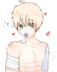 bandage beaconcream blonde_hair bruise bruised bruises condom condom_in_mouth condom_wrapper green_eyes heart koara-toshi minecraft_youtubers six_pack white_background wound wounded ytmci