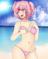 1girls beach doki_doki_literature_club female light-skinned_female light_skin natsuki_(doki_doki_literature_club) one_eye_closed open_mouth pink_eyes pink_hair pink_swimsuit sand solo solo_female swimsuit synnkeh water winking