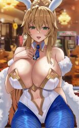 1girls 2022 ahoge artoria_pendragon artoria_pendragon_(lancer) artoria_pendragon_(swimsuit_ruler) blonde_female blonde_hair breasts bunny_ears bunny_girl bunnysuit cleavage fate/grand_order fate_(series) female female_only green_eyes hi_res highleg_leotard hips huge_breasts indoors leotard long_hair looking_at_viewer onedoo slim_waist smile thick_thighs thighs tights white_leotard wide_hips