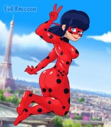 1girls blue_eyes blue_hair bodysuit bubble_ass bubble_butt eiffel_tower evil_raccoon female france ladybug ladybug_(character) legs marinette_cheng marinette_dupain-cheng miraculous_ladybug outdoors paris peace_sign red_clothing short_hair smile solo superheroine tf1 thick_ass thick_thighs tight_clothing twintails v_sign white_body white_skin