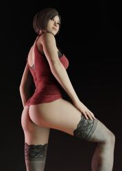 1girls 3d 3d_(artwork) ada_wong ada_wong_(adriana) ass black_lace_stockings bottomless capcom dat_ass female female_only geone1 hand_on_thigh medium_breasts medium_butt no_panties posing red_dress resident_evil resident_evil_2 resident_evil_2_remake solo solo_female