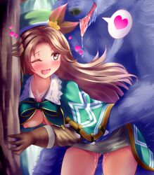 against_tree anthro brown_hair clothed_sex female granblue_fantasy heart highres interspecies jasmine_(granblue_fantasy) monster outdoors sex sex_from_behind smile spoken_heart stir255 tree werewolf