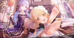 blonde_hair blue_eyes clothed feet foot_fetish foot_focus foot_grab genshin_impact head_between_legs head_grab icecake in_water kamisato_ayaka lumine_(genshin_impact) smile smiling white_hair yellow_eyes yuri