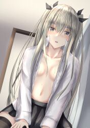 1girls black_legwear blue_eyes blush covered_nipples female female_focus female_only long_hair looking_at_viewer maromi medium_breasts open_mouth original school_uniform schoolgirl silver_hair sitting solo solo_female solo_focus sweat sweatdrop unbuttoned_shirt wet_clothes yellow_eyes