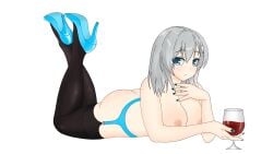 1girls ass feet female female_only high_heels moe_ninja_girls nipples ricka_machiyuki silver_hair stockings wine