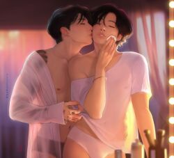 2boys asian asian_male black_hair bts closed_eyes gay jeon_jung_kook kim_tae_hyung kissing korean kpop makeup male male_only naked nipples singer tattoo underwear undressing white_body white_skin yaoi