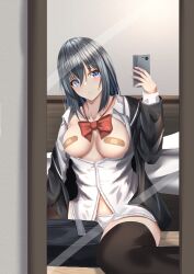 1girls big_breasts black_hair blue_eyes blush bowtie breasts breasts_out covered_nipples female female_focus female_only light-skinned_female light_skin maromi mirror mirror_selfie original school_uniform schoolgirl selfie sitting sitting_on_floor solo solo_female solo_focus taking_picture thick_thighs unbuttoned_shirt white_panties