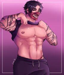 1boy abs bara bara_tiddies bara_tits barazoku fortnite fox_fire_(fortnite) gay lifting_shirt luxxy_art male male_only mask masked masked_male muscle muscles muscular muscular_male nipples pecs shirt_lift solo solo_male tattoo tattooed_arm tattoos