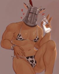 alternate_costume alternate_version_available bikini blush bulge cow_bikini cow_ears cow_horns cow_print crossdressing dark_souls fromsoftware helmet imlooking knight male male_only manly_crossdresser milk muscular muscular_male scars solaire_of_astora solo swimsuit v