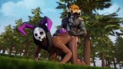 1boy 1girls 3d anthro anthro_on_human ass ass_up blender breasts bunny_brawler bunny_ears dark-skinned_female dark_skin doggy_style duo female_penetrated fennix_(fortnite) forest fortnite fox hands_on_ass looking_at_viewer male/female male_penetrating male_penetrating_female mask masked medium_breasts nipples nude nude_female on_floor penetration s1nnerfox sex sinnerfox tail watermark yellow_eyes