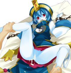 1boy after_rape after_sex after_vaginal bangs blue_hair blue_skin blue_vest blush breasts censored chains colored_skin commentary_request cum cum_in_pussy cumdrip feet_out_of_frame female gintarou_(kurousagi108) hair_between_eyes hat jiangshi leg_grab long_sleeves looking_at_viewer medium_breasts miniskirt mosaic_censoring ofuda on_bed open_mouth original panties panties_around_one_leg pussy qing_guanmao rape red_eyes red_skirt restrained sex sheet_grab shirt short_hair skirt solo_focus underwear vest white_panties white_shirt wide_sleeves yin_yang yin_yang_print