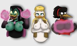 absurd_res age_difference anatid anatomically_inaccurate animal_humanoid anseriform anthro avian avian_humanoid beak bird black_hair black_heron_(ducktales) blonde_hair breast_expansion breasts bust_portrait clothed clothing disney duck ducktales ducktales_(2017) evil_grin expansion female female/female fur goldie_o'gilt group hair hi_res humanoid humgeronimo magic magic_expansion magic_user magica_de_spell nipples older_female partial_nudity partially_clothed portrait shocked_expression shocked_face smile smug trio villains wardrobe_malfunction