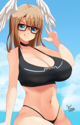 1girls 2022 black_clothing black_panties blonde_hair blue_eyes breasts cleavage eunie_(xenoblade) female female_only glasses huge_breasts looking_at_viewer medium_hair nintendo panties peace_sign slim_waist smile tiger1001 xenoblade_(series) xenoblade_chronicles_3