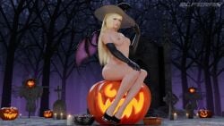 1girls 3d areolae athletic athletic_female bangs blonde_female blonde_hair blue_eyes blunt_bangs breasts elferan emilie_de_rochefort eyeshadow female female_only gloves halloween halloween_costume heels human jack-o'-lantern light-skinned_female light_skin long_hair looking_at_viewer necklace nipples nude pinup purple_eyeshadow sitting small_breasts solo straight_hair tekken tekken_7 thighs wings witch_hat