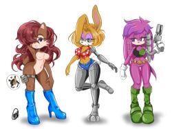 4girls anthro anthro_only archie_comics armpits arms_up artist_signature big_breasts blouse boots breasts bunnie_rabbot cleavage collared_shirt cyborg denim_shorts eyelashes eyeliner eyeshadow female female_only furry furry_only garter gloves gun heart heels hi_res high_heels julie-su long_hair makeup medium_breasts medium_hair nicole_the_lynx nipples nude pepamintop sally_acorn sega shirt shorts simple_background sonic_(series) sonic_the_hedgehog_(archie) sonic_the_hedgehog_(comics) sonic_the_hedgehog_(series) very_long_hair wide_hips