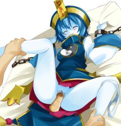 1boy bangs blue_hair blue_skin blue_vest blush breasts censored chains closed_eyes colored_skin commentary_request feet_out_of_frame female gintarou_(kurousagi108) hair_between_eyes hat jiangshi leg_grab long_sleeves looking_at_viewer medium_breasts miniskirt mosaic_censoring ofuda on_bed open_mouth original panties panties_around_one_leg penis pussy qing_guanmao rape red_skirt restrained sex sheet_grab shirt short_hair skirt solo_focus straight underwear vaginal_penetration vest white_panties white_shirt wide_sleeves yin_yang yin_yang_print