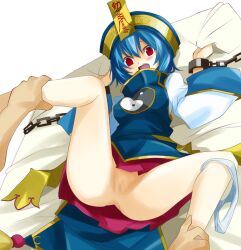 1boy bangs blue_hair blue_vest blush breasts censored chains commentary_request feet_out_of_frame female gintarou_(kurousagi108) hair_between_eyes hat jiangshi leg_grab long_sleeves looking_at_viewer medium_breasts miniskirt mosaic_censoring ofuda on_bed open_mouth original panties panties_around_one_leg pussy qing_guanmao rape red_eyes red_skirt restrained sex sheet_grab shirt short_hair skirt solo_focus underwear vest white_panties white_shirt wide_sleeves yin_yang yin_yang_print