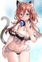 1girls animal_ears bare_shoulders bikini black_bikini blue_eyes breasts brown_hair cat_ears cat_girl cat_tail choker cleavage cowboy_shot cute cute_face embarrassed female frilled_bikini frilled_choker frills fujima_takuya go-toubun_no_hanayome hair_between_eyes hand_up headphones headphones_around_neck kemonomimi_mode large_breasts long_hair looking_at_viewer maid_bikini maid_headdress nakano_miku navel off-shoulder_bikini off_shoulder parted_lips shy solo standing stomach swimsuit tail tail_raised thighs