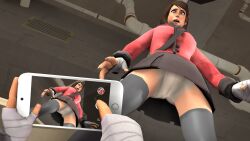 accidental_nudity blue_eyes brown_hair eyelashes female femscout femscout_(alt_design) gloves handbag long_hair panties pantyshot phone poster scared scout scout_(team_fortress_2) sfm shocked skirt source_filmmaker tagme taking_picture team_fortress_2 theloosesavior underwear unseen_male_face upskirt white_panties