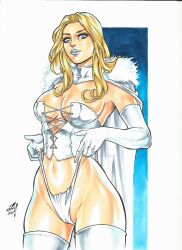 1girls 2022 big_breasts blonde_female blonde_hair blonde_hair_blue_eyes blonde_hair_female blue_eyes cleavage cloak corset deviantart_logo distracting_watermark ed_benes_studio elbow_gloves emma_frost female female_only fur_trim hellfire_club highleg highleg_thong homo_superior hourglass_figure human human_only junior_maia latex_corset latex_gloves latex_thighhighs light-skinned_female light_skin long_hair looking_at_viewer looking_down marvel marvel_comics mutant navel no_sex pulling_thong seductive seductive_look seductive_smile shoulder_length_hair silver_lipstick simple_background solo solo_female standing thighhighs thong thong_pull white_background white_cloak white_corset white_elbow_gloves white_gloves white_latex_corset white_latex_elbow_gloves white_latex_thighhighs white_long_gloves white_queen white_thighhighs white_thong x-men