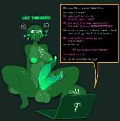 1futa 2022 :3 :u areolae bald balls big_balls big_breasts big_penis blush breasts calliope calliope_(homestuck) chat chat_box cherub_(homestuck) dialogue diphallia diphallism english_text erection fangs flustered futa_only futanari green_background green_eyes green_nipples green_skin heart homestuck laptop masturbation ms_paint_adventures multi_genitalia multi_penis nipples nude penis precum roxy_lalonde sharp_teeth sitting skull solo spread_legs surprised tapering_penis tentabulge text thick_thighs u_u welwraith wide_eyed