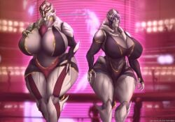 2girls 3_fingers alien_girl asking big_breasts breasts breasts_bigger_than_head carapace choker cleavage club coolmaster98 dialogue elbow_gloves elbow_spikes face_markings female female_only gigantic_breasts gold_choker gold_trim hand_on_hip huge_breasts mandibles mass_effect massive_breasts massive_thighs purple_markings standing tagme thick thick_thighs three_fingers thunder_thighs turian vetra_nyx wide_hips