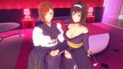 2girls 3d age_difference bedroom big_breasts bow breasts brown_hair busty cleavage clothing dress female female_only hairbow japanese_clothes kanzaki_sumire large_breasts looking_at_viewer mole mole_under_eye multiple_girls sakura_wars sega shang short_hair smile voluptuous