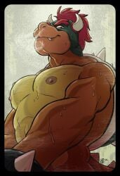 2022 anthro barazoku big_muscles big_pecs black_border bodily_fluids border bowser bracelet breath eyebrows grey_background hair hi_res horn jewelry koopa looking_at_viewer male male_only mario_(series) moosetubator muscular muscular_anthro muscular_male musk narrowed_eyes nintendo nipples non-mammal_nipples nude pecs scalie shell signature simple_background smile solo spiked_bracelet spiked_shell spiked_tail spikes spikes_(anatomy) standing sweat teeth video_games