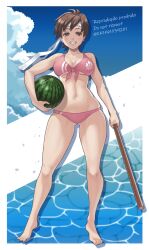 1girls big_breasts bikini breasts brown_eyes brown_hair busty cleavage feet female female_only food front-tie_bikini front-tie_top fruit fully_clothed grin headband hi_res large_breasts legs looking_at_viewer navel pink_bikini sakura_kasugano short_hair smile solo street_fighter swimsuit thighs watermelon weapon