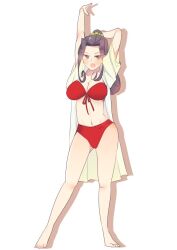 1girls arms_behind_head big_breasts bikini black_hair breasts busty cleavage clothing feet female female_only fuurin_kingyou kingyoniku large_breasts legs looking_at_viewer navel open_mouth ponytail red_bikini sakura_wars sega soletta_orihime swimsuit thighs