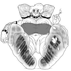 1boy 4_arms angel_dust_(hazbin_hotel) anthro big_breasts breasts busty busty_boy cigarette clothing collar dirty_socks feet foot_fetish foot_focus footwear hazbin_hotel huge_breasts humanoid_feet looking_at_viewer male male_only monochrome mr_canvas multi_arm multi_limb muscular nipple_bulge nipple_peek nipple_slip nipples nipples_visible_through_clothing socks soles solo torn_clothing