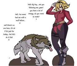 bestiality blonde_hair blue_eyes boots clothed consensual dog female future_princess_(guardian_tales) guardian_tales human imminent_bestiality imminent_sex interspecies pants redraw rknight self_upload standing standing_position text white_skin wolf zoophilia