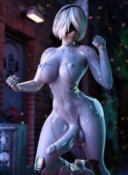 1futa 3d balls big_penis blindfold bodysuit breasts casual casual_boner clothing cock_sleeve_(clothes) erect_penis erection futa_only futanari genitalwear hairband intersex latex latex_bodysuit latex_futa latex_gloves latex_suit light-skinned_futa light_skin nier nier:_automata nipples penis public short_hair solo stevencarson testicles white_hair yorha_2b