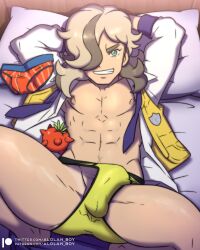 1boy alolan_boy arven_(pokemon) blue_eyes food hair_covering_eye male male_focus male_only muscular muscular_male npc_trainer pepper_(pokemon) pokemon pokemon_sv solo underwear white_jacket yellow_underwear