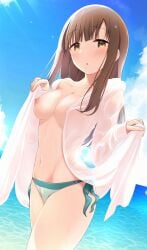 :o akisaka_yamoka bikini blue_sky blush breasts brown_hair cloud eyebrows_hidden_by_hair female highres idolmaster idolmaster_cinderella_girls long_hair looking_at_viewer medium_breasts mizumoto_yukari nipples ocean sky swimsuit topless wet wet_clothes