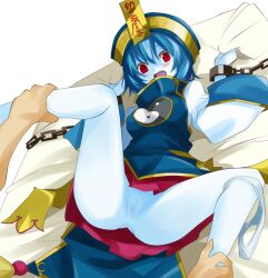 1boy bangs blue_hair blue_skin blue_vest blush breasts censored chains colored_skin commentary_request feet_out_of_frame female gintarou_(kurousagi108) hair_between_eyes hat jiangshi leg_grab long_sleeves looking_at_viewer medium_breasts miniskirt mosaic_censoring ofuda on_bed open_mouth original panties panties_around_one_leg pussy qing_guanmao rape red_eyes red_skirt restrained sex sheet_grab shirt short_hair skirt solo_focus underwear vest white_panties white_shirt wide_sleeves yin_yang yin_yang_print