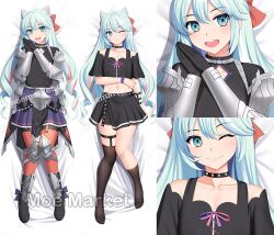 1boy :d ;) alternate_costume asymmetrical_clothes bare_midriff bare_shoulders bare_thighs bed blue_eyes blue_hair choker collarbone dakimakura dakimakura_design femboy fire_emblem fire_emblem_engage flat_chest gloves hands_together happy kneehighs light_blue_eyes light_blue_hair long_hair looking_at_viewer male male_only midriff moe_market multicolored_hair nintendo on_back on_bed one_eye_closed open_mouth rosado_(fire_emblem) short_sleeves shoulders skirt smile solo thighhighs thighs wink