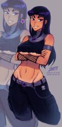 1girls 2d black_hair blackfire chain crop_top crossed_arms dc dc_comics denim denim_bottomwear denim_clothing denim_jeans ear_piercing iahfy jeans komand'r pants purple_eyes smile straight_hair tan-skinned_female tan_skin teen_titans underboob