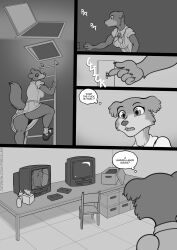 2022 5_fingers anthro beastars box canid canine canis chair claws clothed clothing comic container dialogue digital_media_(artwork) english_text female finger_claws fingers freckles_(artist) furniture greyscale haru_(beastars) juno_(beastars) ladder light_switch louis_(beastars) mammal monochrome open_mouth profanity solo table television text thought_bubble url wolf