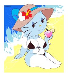 anthro beach big_breasts bikini bikini_bottom bikini_top bonnet breasts cat_ears clothed drink female front-tie_bikini front-tie_top furry hat hello_kitty hello_kitty_(character) hello_kitty_(series) kitty_white looking_at_viewer sand sanrio savagensfw sitting tagme water whiskers white_fur wine_glass