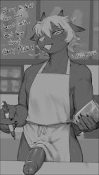 anthro apron bedroom_eyes black_and_white bovid caprine claws clothing container cup dialogue dick_milk_coffee_meme genitals glass glass_container glass_cup goat hair heart hi_res horizontal_pupils horn iced_latte_with_breast_milk iced_latte_with_dick_milk male mammal meme monochrome narrowed_eyes pen penis pupils seductive sincrescent snout solo starbucks talking_to_viewer text zock_(sincrescent)