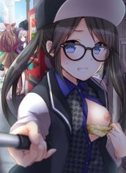 5girls bangs baseball_cap black-framed_glasses black_hair black_headwear blouse blue_eyes blurry blush bra bra_pull breast_outside breasts clothes_pull depth_of_field exhibitionism flashing glasses grey_shirt grin hat hatomugi_(mugicha) idolmaster idolmaster_shiny_colors jacket long_hair looking_at_viewer mitsumine_yuika multiple_girls nipples one_breast_out open_clothes open_jacket open_shirt oppai_challenge public_indecency pulled_by_self selfie selfie_stick shirase_sakuya shirt sidelocks small_breasts smile solo_focus sweatdrop tanaka_mamimi tsukioka_kogane twintails underwear vending_machine yellow_bra yukoku_kiriko